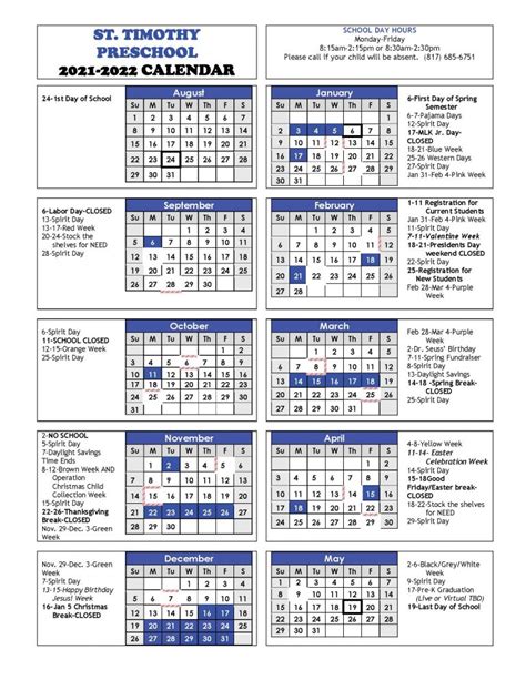 2021 2022 School Year Calendar St Timothy Preschool