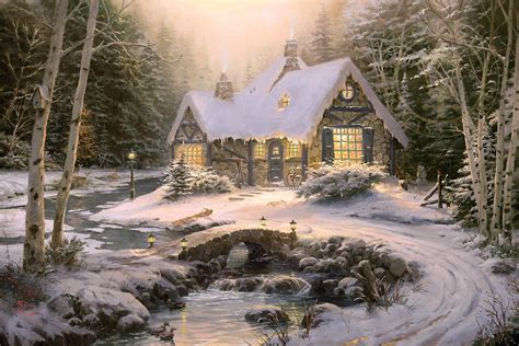 Thomas Kinkade Log Cabin Painting