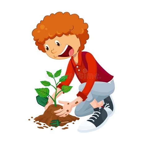 Cute Little Boy Planting A Plant Vector Illustration Stock Vector