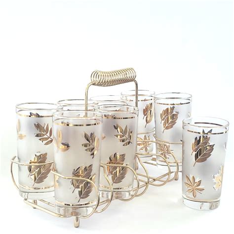Drink And Barware Home And Living Drinkware Mid Century Set Of Eight Libbey Gilded And Frosted Golden
