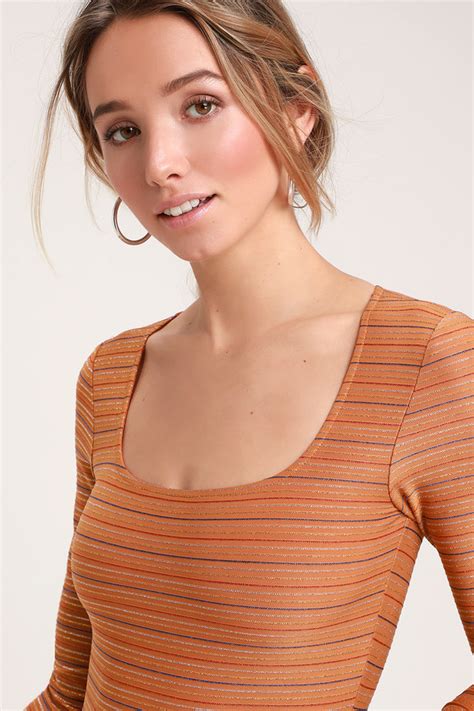 Cute Orange Bodysuit Long Sleeve Bodysuit Striped Bodysuit Lulus