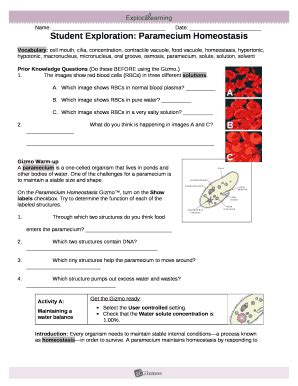 Learn vocabulary, terms and more with flashcards, games and other study tools. paramecium homeostasis gizmo answers Doc Template | PDFfiller