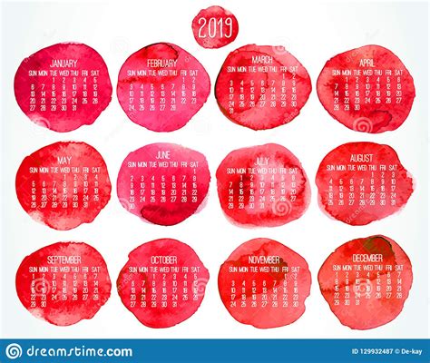 Year 2019 Red Watercolor Paint Monthly Calendar Stock Vector