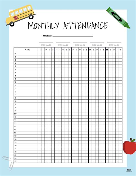 Attendance Sheets 50 Free Printables Printabulls