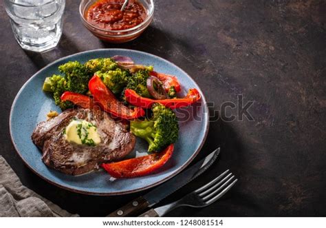 Grilled Beef Steak Garlic Butter Vegetables Stock Photo 1248081514