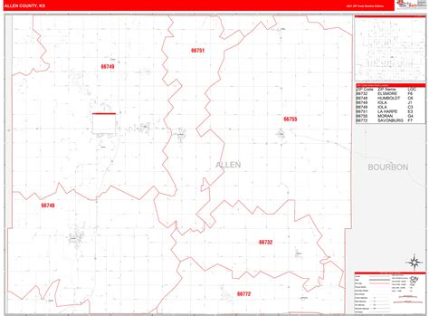 Allen County Ks Zip Code Wall Map Red Line Style By Marketmaps