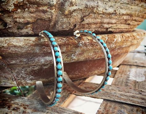 Silver Turquoise Hoop Earrings Native American Indian Jewelry Signed