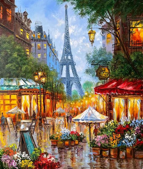 Colorful Paris Street Scene Oil Painting Eiffel Tower Artwork Night