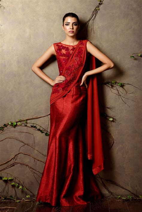 A Pompeien Red Constructed Saree With A Tulle Bodice The Bodice And