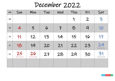 Free Printable December 2022 Calendar With Holidays Template K22m576