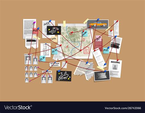 Detective Board With Pins And Evidence Crime Vector Image