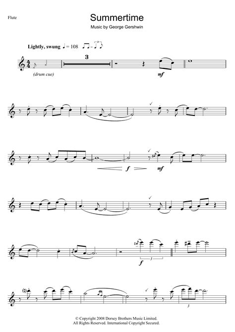 Summertime Sheet Music George Gershwin Flute Solo