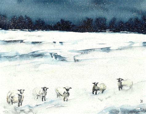 Sheep In Winter Painting Original Watercolour Unique Etsy Winter