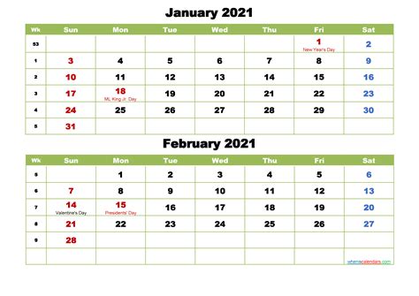 January And February 2021 Calendar With Holidays