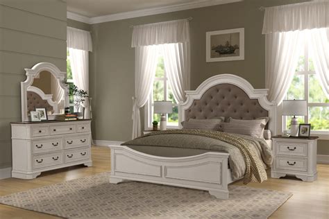 laval antique white  oak wood bedroom set upholstered queen king roundhill furniture