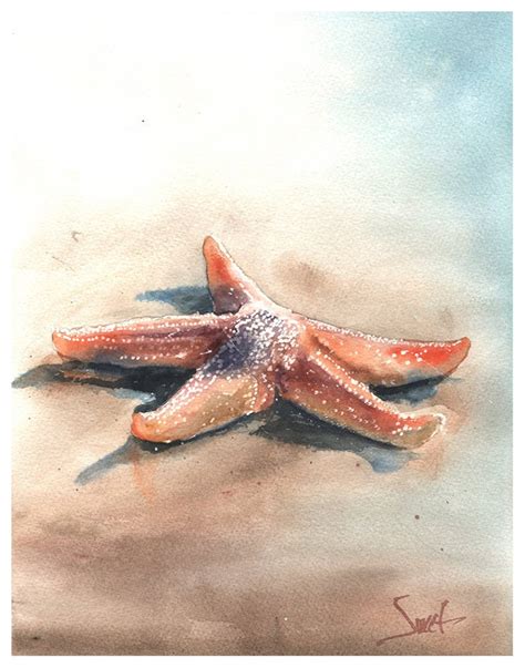Watercolor Starfish Painting Original Watercolor Starfish Painting