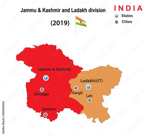 Vector Illustration Of Jammu Kashmir And Ladakh New Map With State And