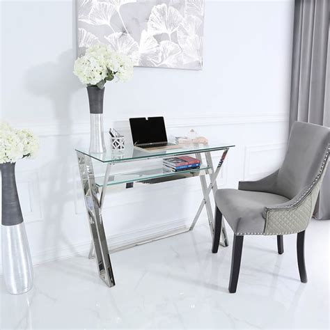 Zenn Stainless Steel Office Desk With A Clear Tempered Glass Table Top Picture Perfect Home