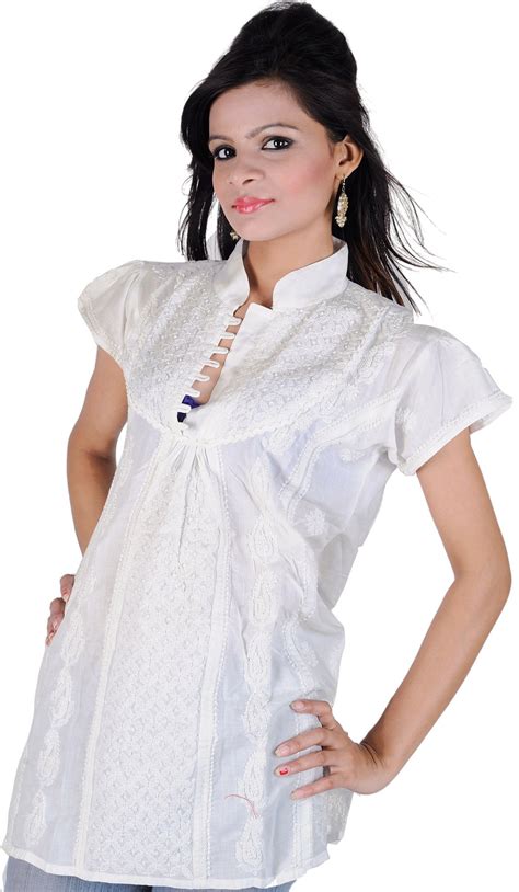 White Kurti With All Over Chikan Embroidered Flowers And Paisleys Exotic India Art