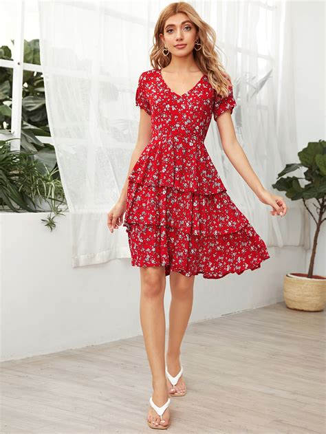 Ditsy Floral Layered Ruffle Hem Dress