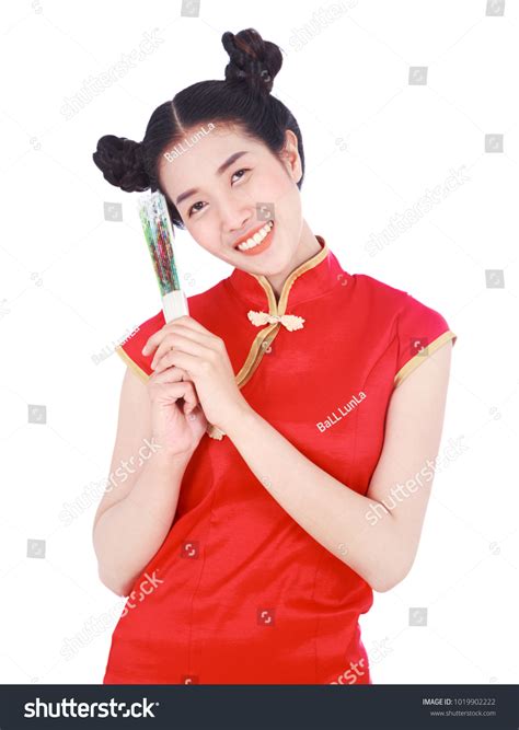 Woman Wearing Chinese Cheongsam Dress Holding Stock Photo 1019902222