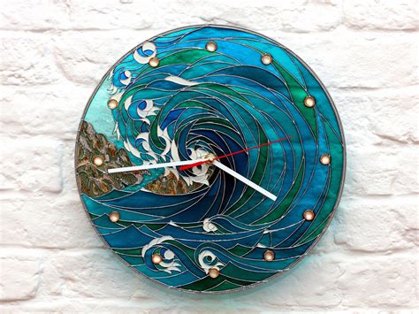 Stained Glass Sea And Fjiord Silent Wall Clock Hand Painted Round