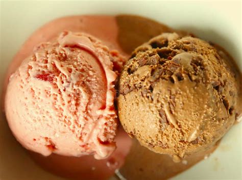 Two Ice Cream Balls Chocolate Strawberry Stock Photo Image Of Closeup