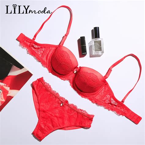 Lilymoda Women Red Bra Set Sexy Thongs Lingerie Lace Pearl Decoration