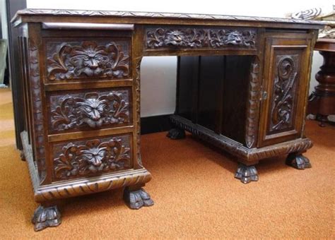 Gothic Pedestal Desk With Ornate Carvings And Storage Desks