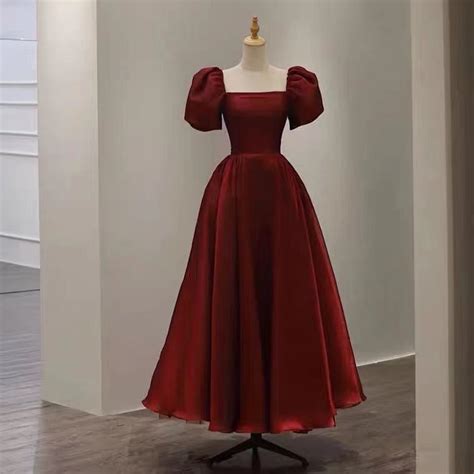 Red Party Dresspuff Sleeve Evening Dresssatin Long Prom Dressbackless Floor Length Dress
