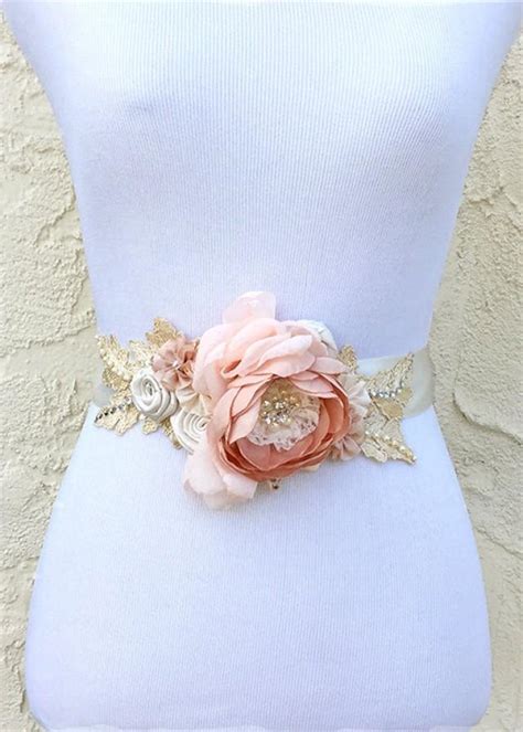 Blush Champagne Ivory Sash With Swarovski Sew On Crystal Pearls And