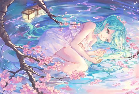 Aqua Hair Cherry Blossoms Dress Flowers Green Eyes Hatsune
