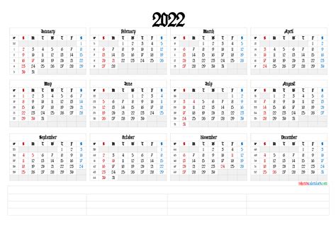 Printable Calendar With Holidays 2022 Landscape Pdf Image