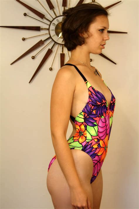Vintage S Neon Tropical Swimsuit Bold Print One Piece Etsy