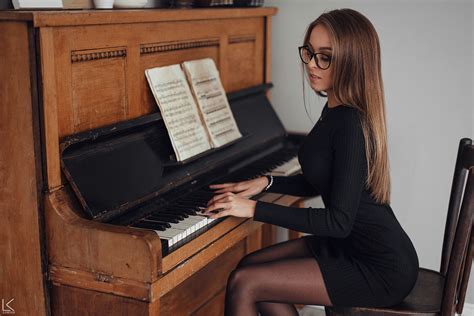 Women Sitting Piano Blue Nails Music Sheet Black Dress Women With Glasses Long Hair Necklace
