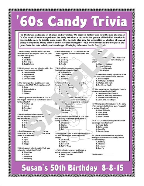 Print this valentine trivia game and distribute among the player along with a pen or pencil. 1960s Candy Trivia Printable GamePersonalize for Birthdays