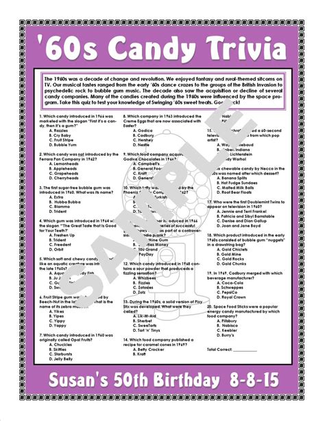 No producing or printing is worthless and delivery is. 1960s Candy Trivia Printable GamePersonalize for Birthdays