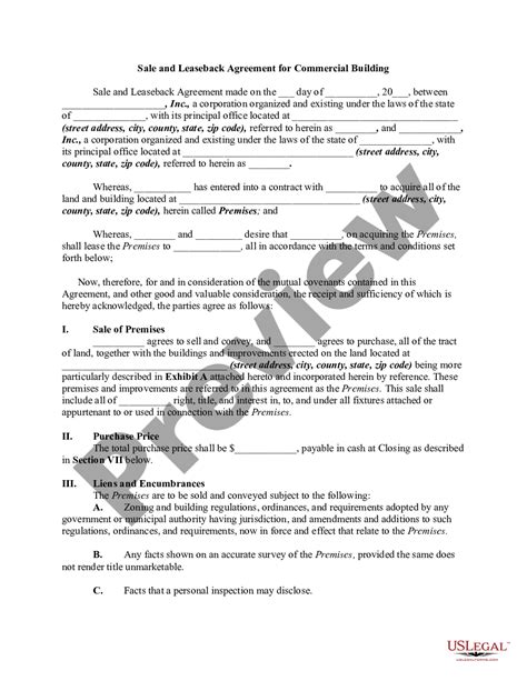 Sale And Leaseback Agreement For Commercial Building Leaseback Agreement Template Us Legal Forms