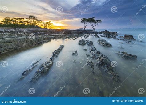 Amazing Sunset At Tanjung Pinggir Beach Batam Island Stock Photo