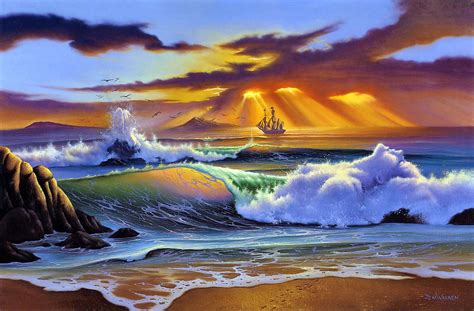 Wallpaper Sea Beach Art Painting Craft Sun Rays Evening Storm