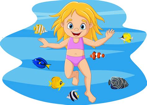 Menina Dos Desenhos Animados Nadando Debaixo D Gua Peixes