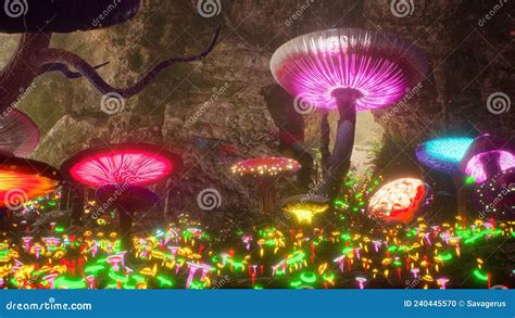 Mysterious Magical Cave With Magical Glowing Growing Mushrooms The Concept Of Magical