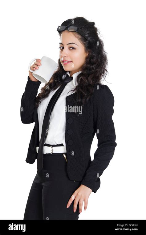Smiling Indian Business Female Employee Holding Cup Drinking Tea Hi Res