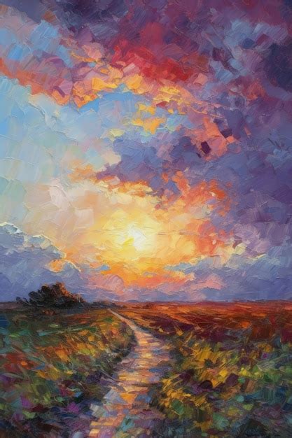 Premium Ai Image Vibrant Impressionistic Sunset Landscape Painting