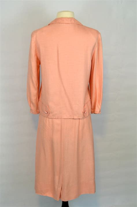 S Two Piece Peach Jacket And Knee Length Skirt Linen Suit Etsy