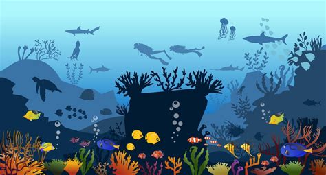 Coral Reef With Fish Underwater On A Blue Sea Background Vector Ocean