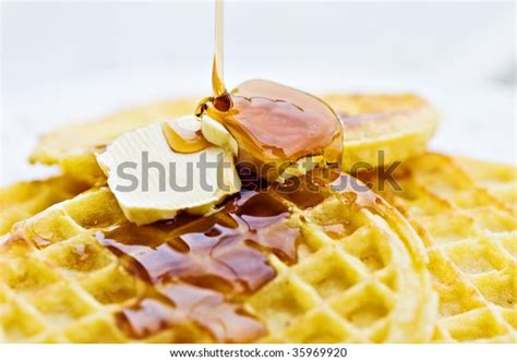 Maple Syrup Pouring Onto Waffles Shallow Stock Photo Edit Now