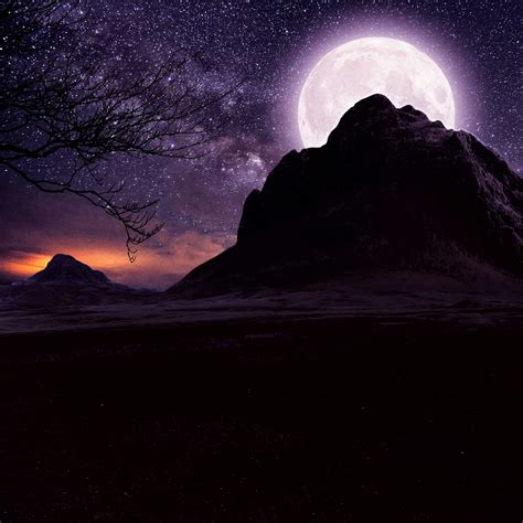 Full Moon Over Mountain On Starry Night Hd 4k Wallpaper