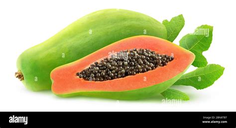 Isolated Green Papaya One Whole Papaya Fruit And A Half With Seeds And