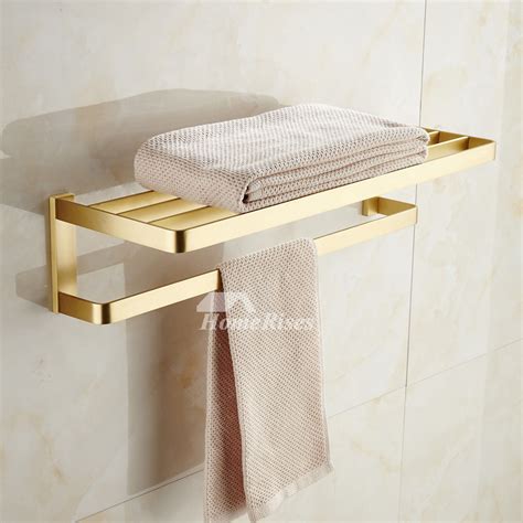 Solid Gold Wall Mount Bathroom Towel Rack With Shelf Brushed Brass